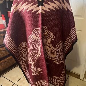 Elegant Burgundy Rooster Patterned Throw Mexican poncho new